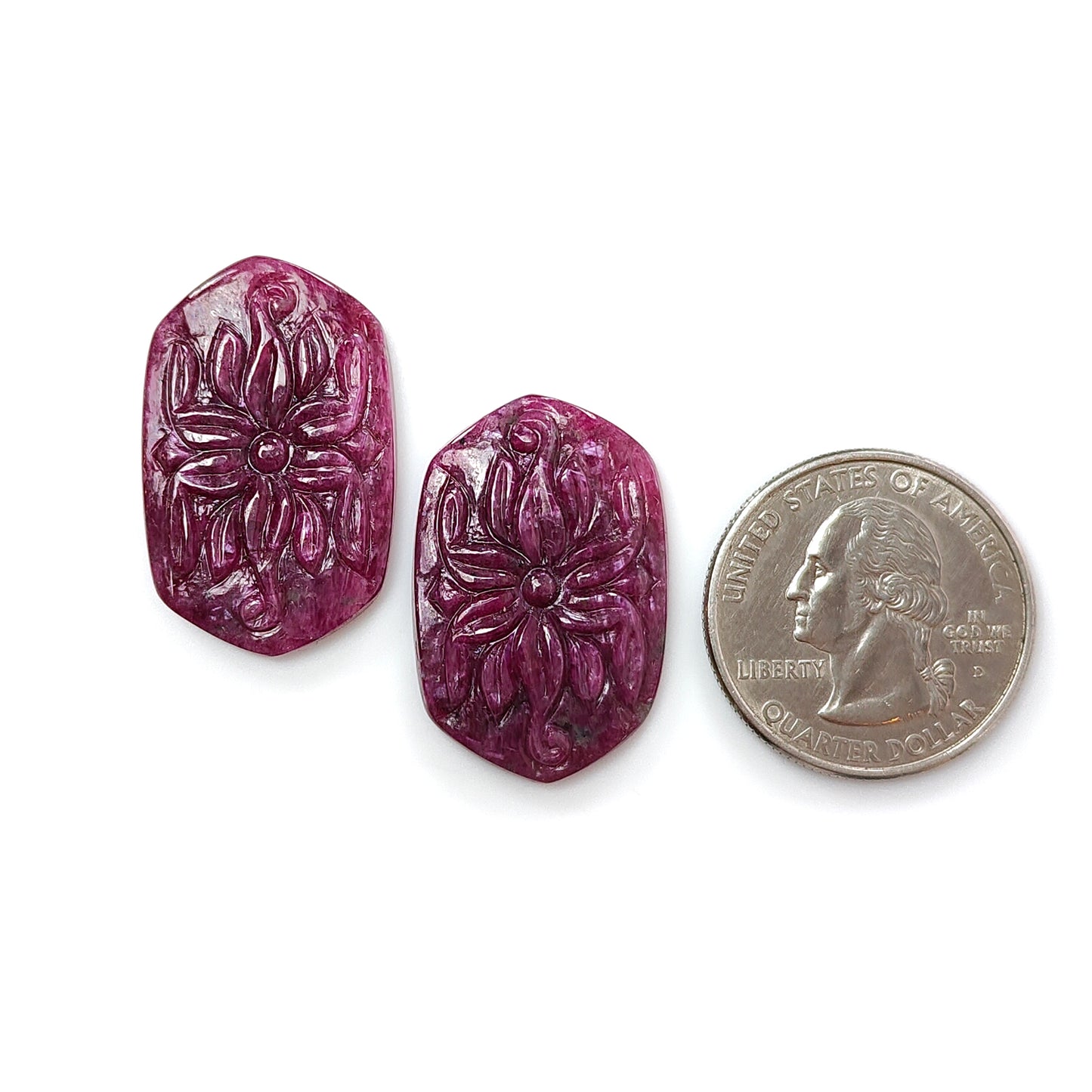 Ruby Gemstone Carving : 50.90cts Natural Untreated Unheated Red Ruby Hand Carved Hexagon Shape 28*19 - 29*19mm 2pc For Jewelry