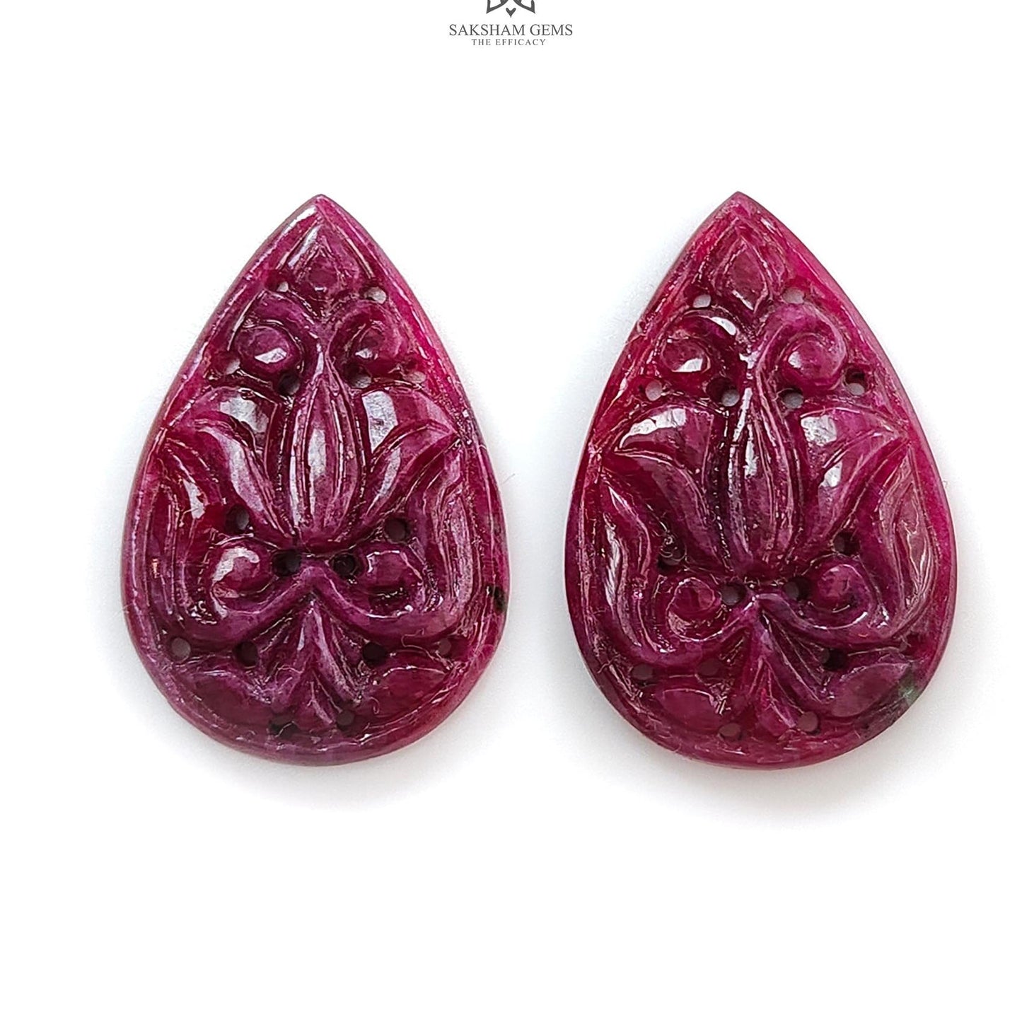 Purple Ruby Gemstone Carving : 31.80cts Natural Untreated Unheated Red Ruby Hand Carved Pear Shape 26*17.5mm Pair