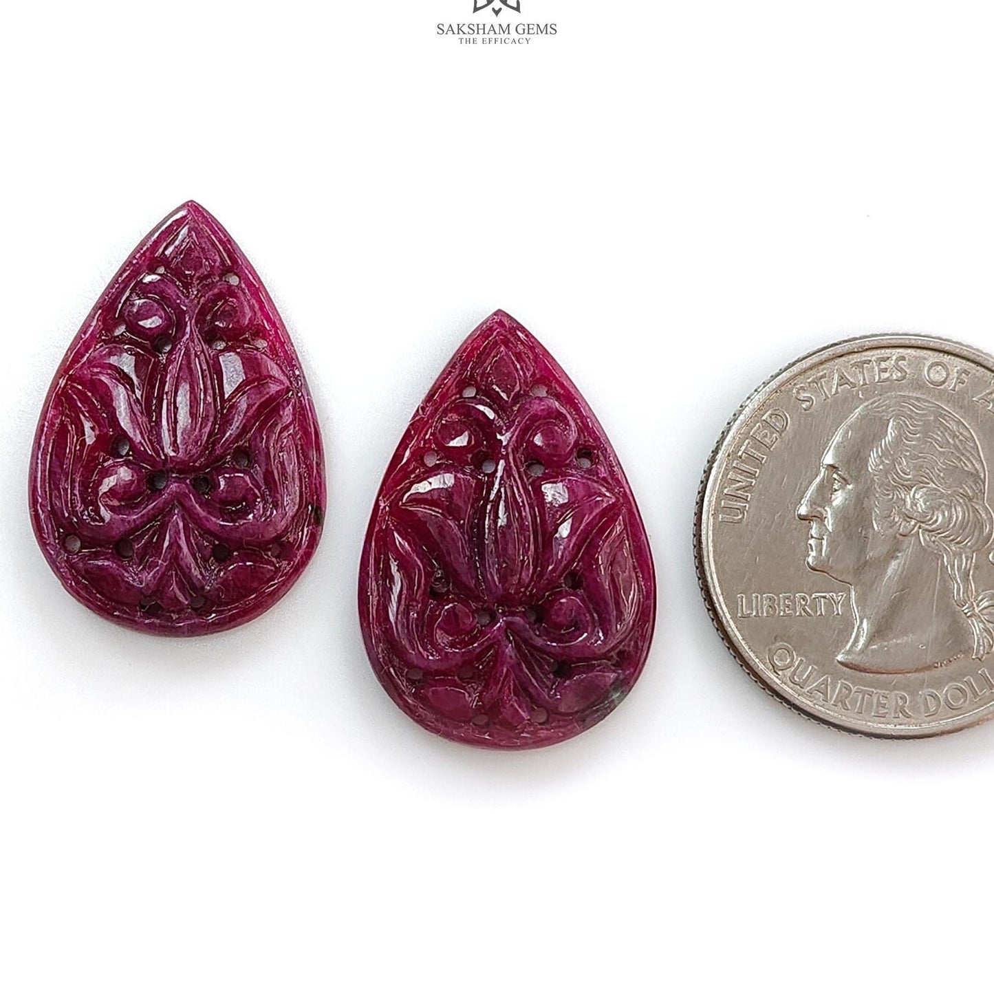 Purple Ruby Gemstone Carving : 31.80cts Natural Untreated Unheated Red Ruby Hand Carved Pear Shape 26*17.5mm Pair