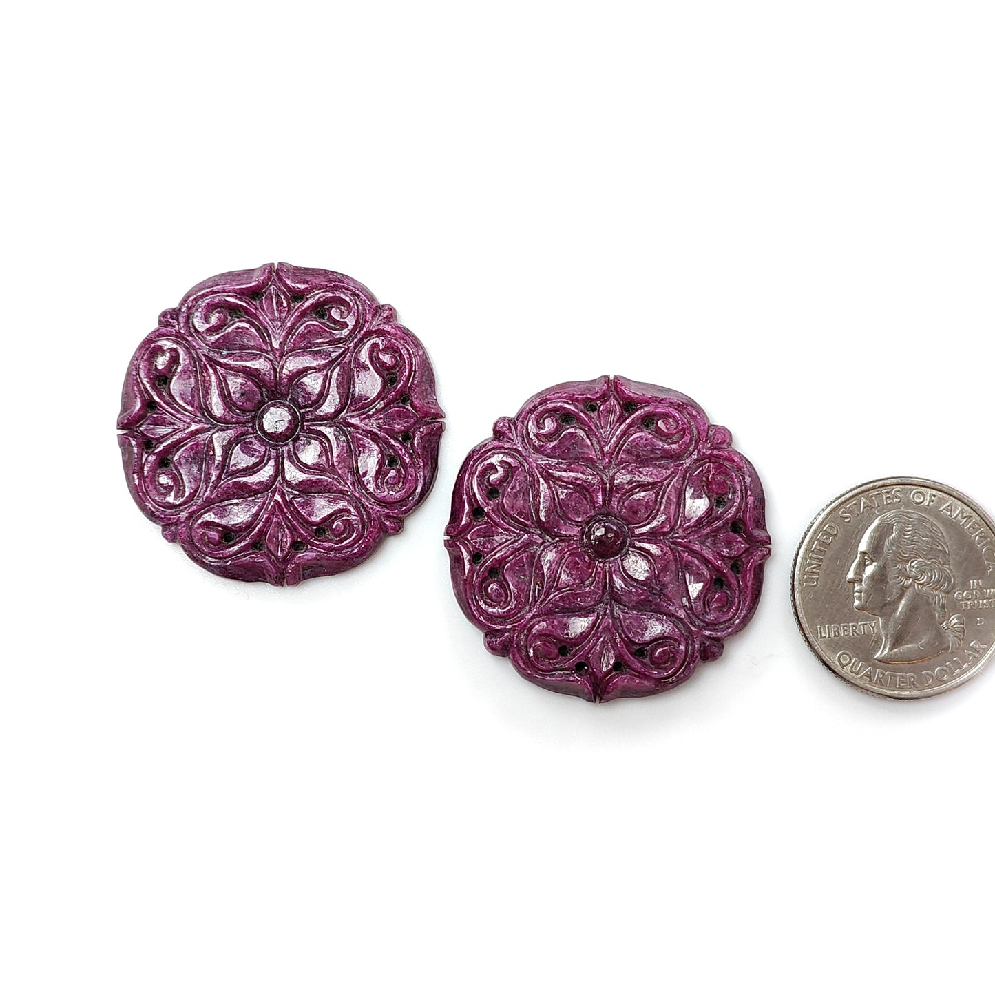 Ruby Gemstone Carving : 125.30cts Natural Untreated Unheated Red Ruby Hand Carved Round Shape 36mm Pair For Jewelry
