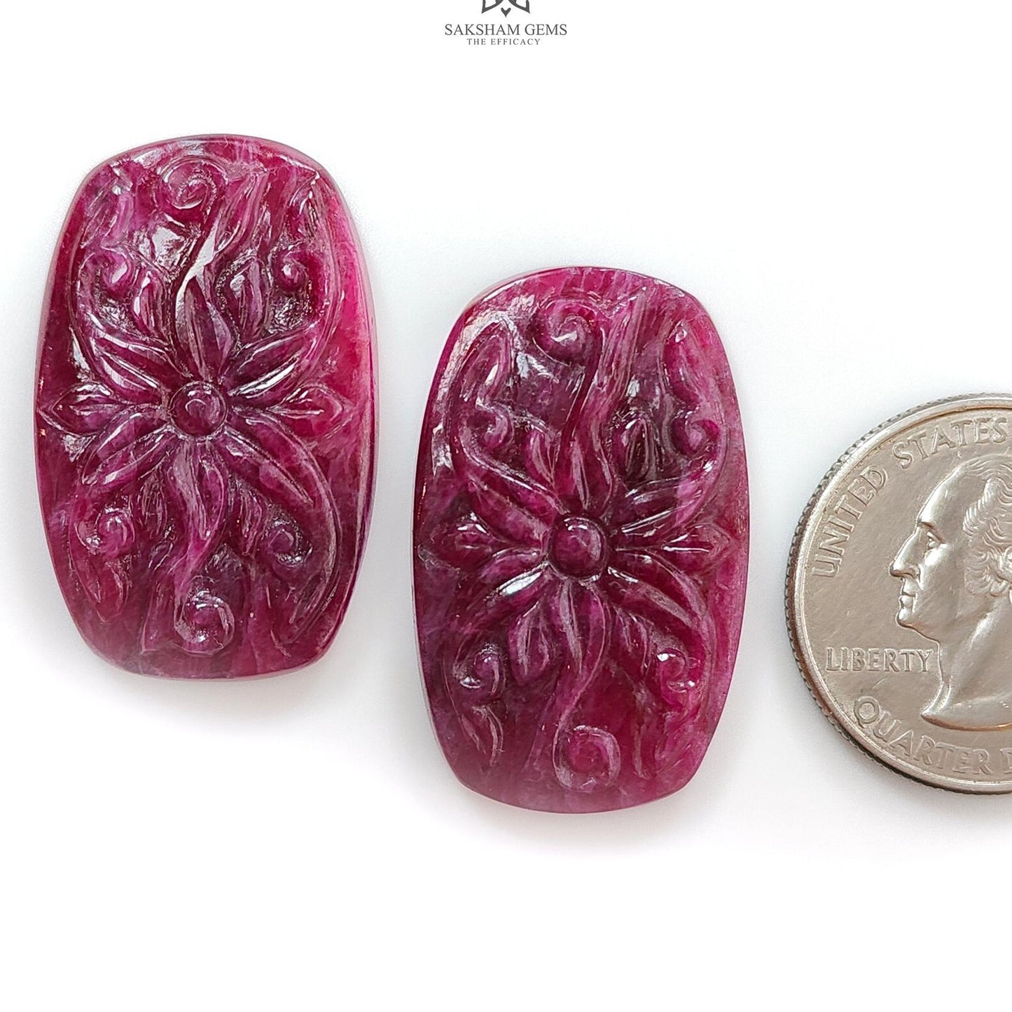 Ruby Gemstone Carving : 72.30cts Natural Untreated Unheated Red Ruby Hand Carved Cushion Shape 33*20mm Pair