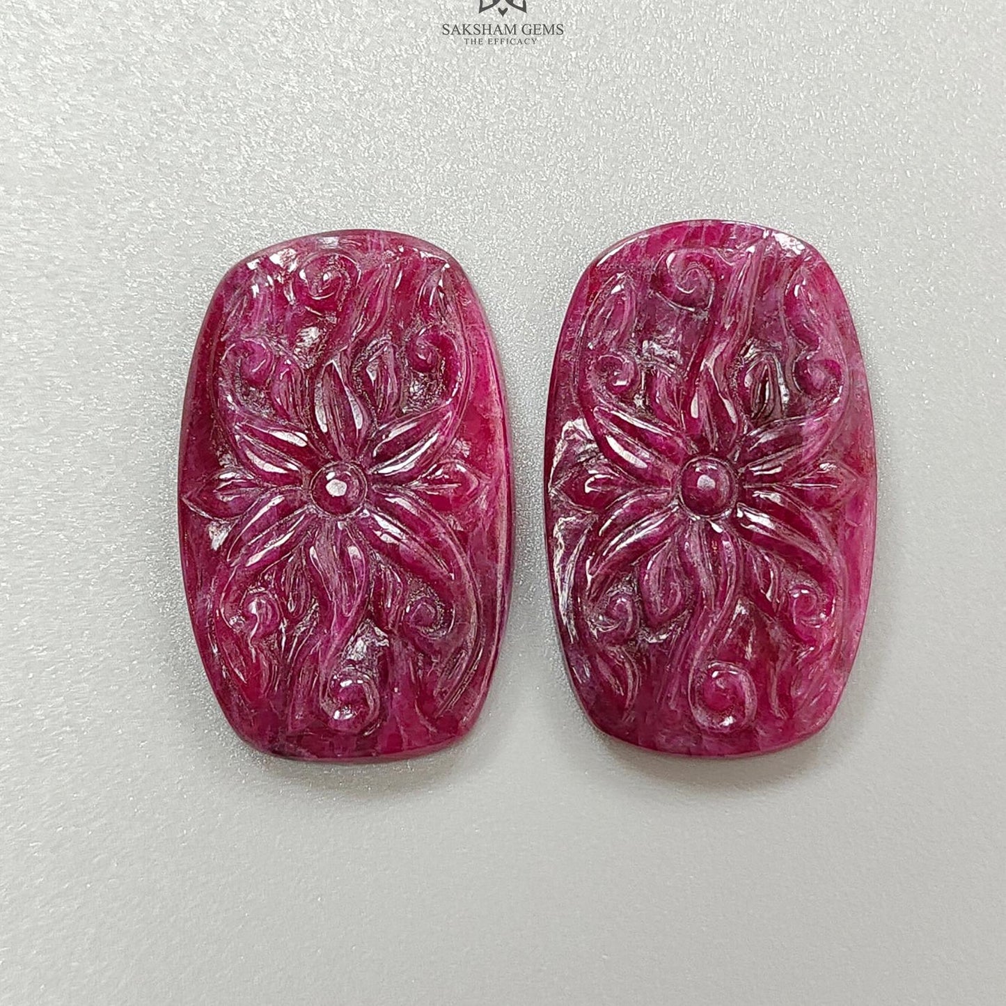 Ruby Gemstone Carving : 72.30cts Natural Untreated Unheated Red Ruby Hand Carved Cushion Shape 33*20mm Pair