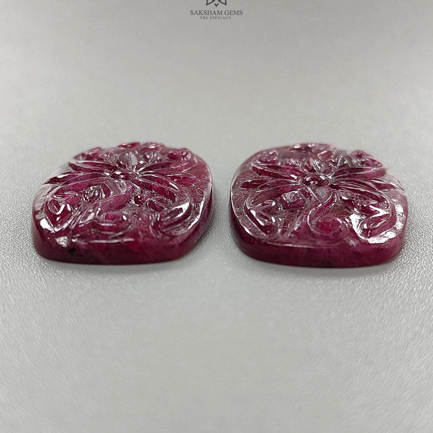 Ruby Gemstone Carving : 72.30cts Natural Untreated Unheated Red Ruby Hand Carved Cushion Shape 33*20mm Pair