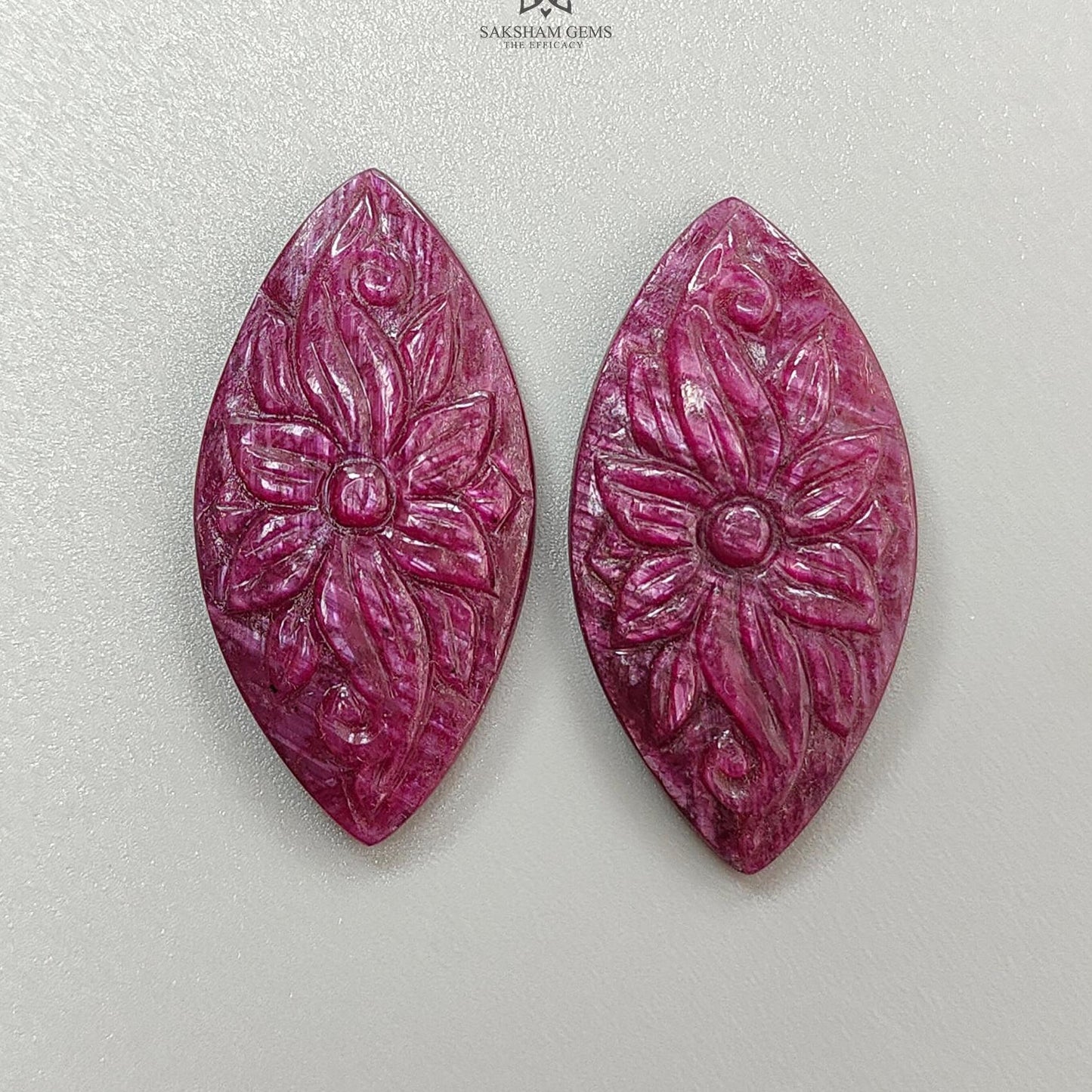 Ruby Gemstone Carving : 55.10cts Natural Untreated Unheated Red Ruby Hand Carved Marquise Shape 36*18mm Pair