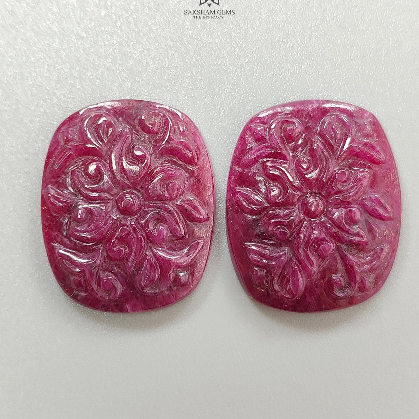 Ruby Gemstone Carving : 70.00cts Natural Untreated Unheated Red Ruby Hand Carved Cushion Shape 27*22.5mm Pair