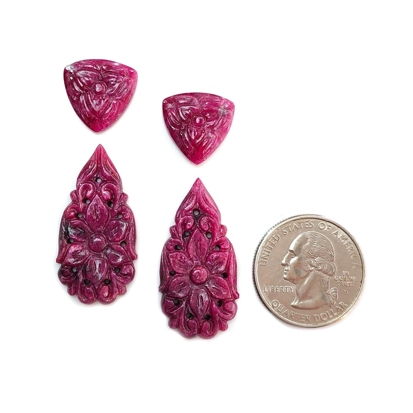 Ruby Gemstone Carving: 62.20cts Natural Untreated Unheated Red Ruby Hand Carved Fancy Shape 16mm - 34*17mm 4pcs Set July Birthstone