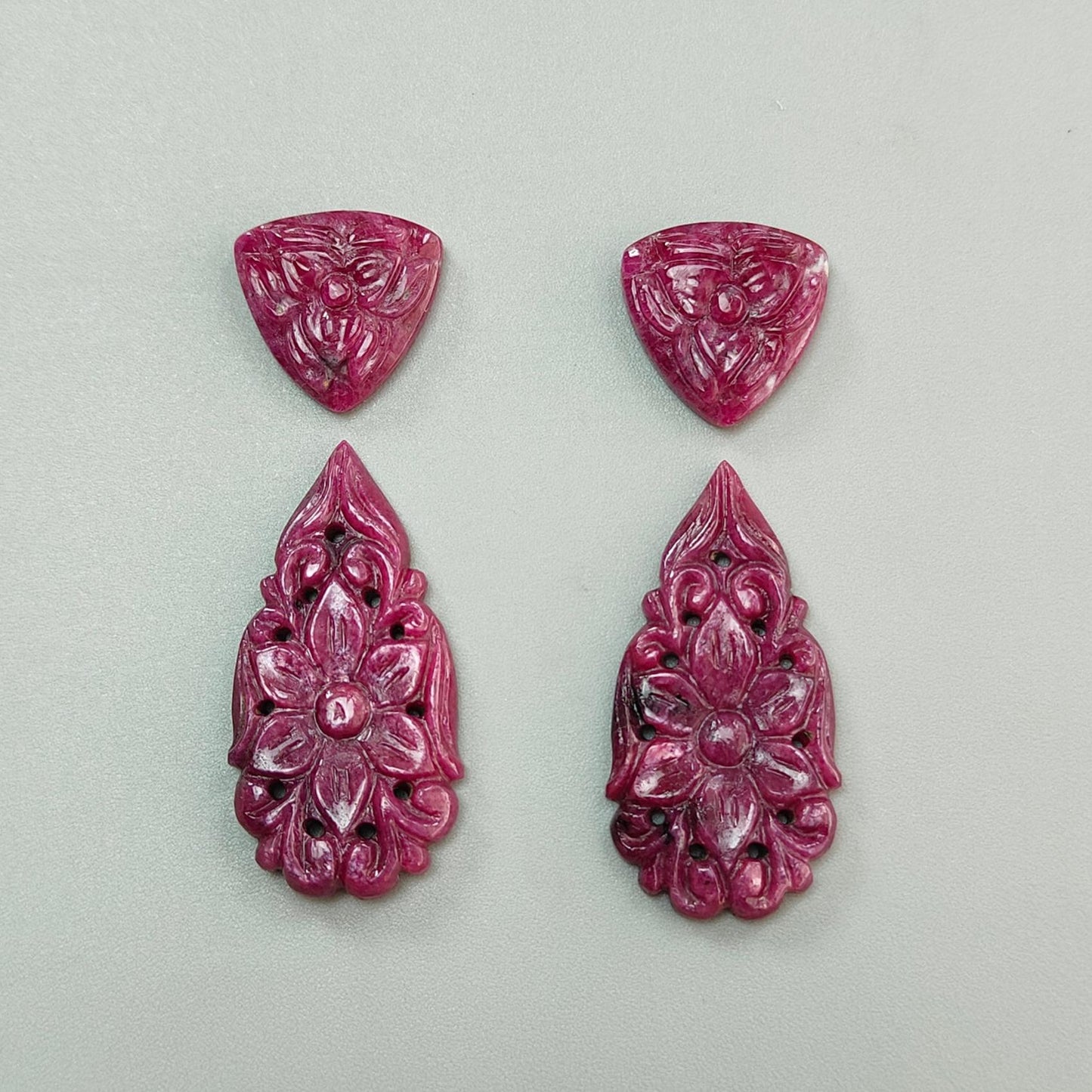 Ruby Gemstone Carving: 62.20cts Natural Untreated Unheated Red Ruby Hand Carved Fancy Shape 16mm - 34*17mm 4pcs Set July Birthstone