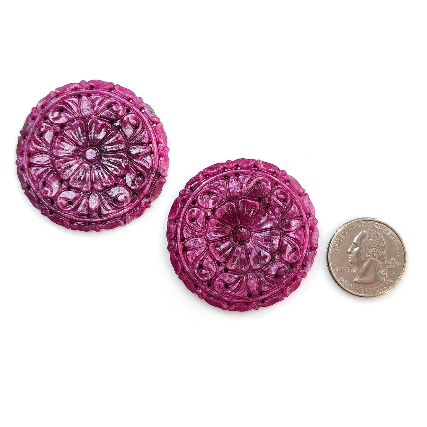 Ruby Gemstone Carving: 189.40cts Natural Untreated Unheated Red Ruby Hand Carved Round Shape 46mm Pair July Birthstone