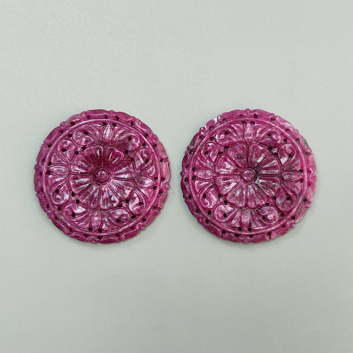 Ruby Gemstone Carving: 189.40cts Natural Untreated Unheated Red Ruby Hand Carved Round Shape 46mm Pair July Birthstone