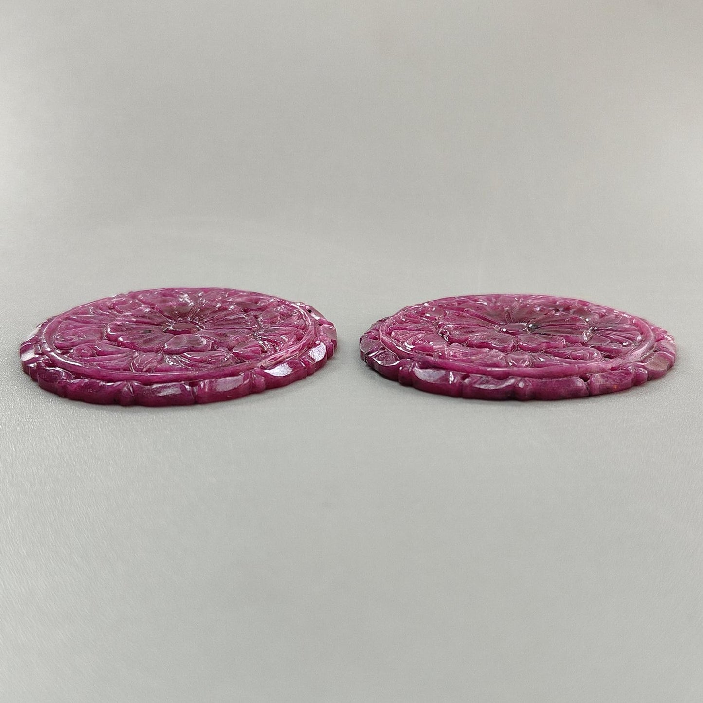Ruby Gemstone Carving: 189.40cts Natural Untreated Unheated Red Ruby Hand Carved Round Shape 46mm Pair July Birthstone