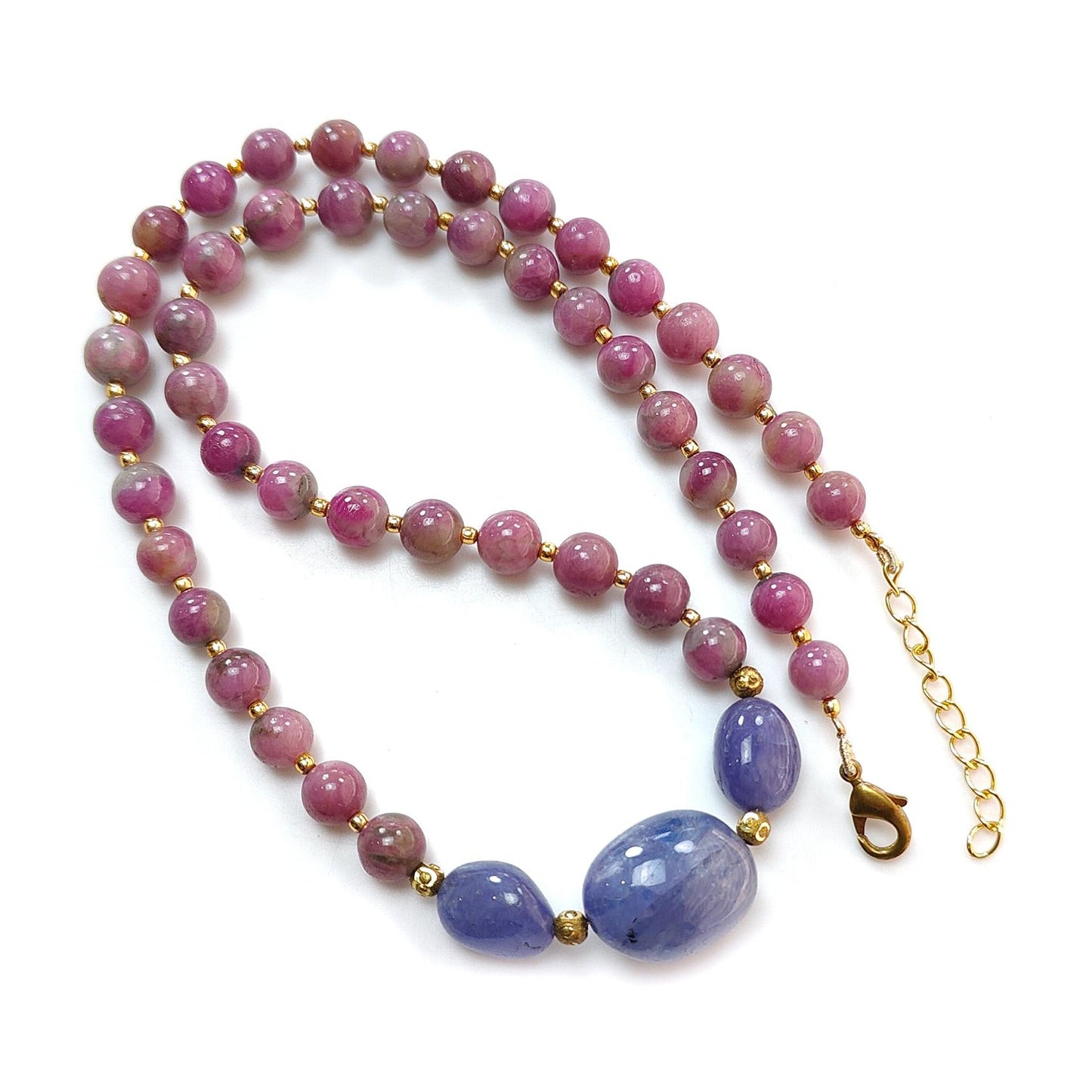 Bi-Color Ruby Necklace Earring Jewelry Set: 261.10cts Natural Untreated Zoisite Ruby, Tanzanite Round Plain Brass Jewelry Set 8mm 19"