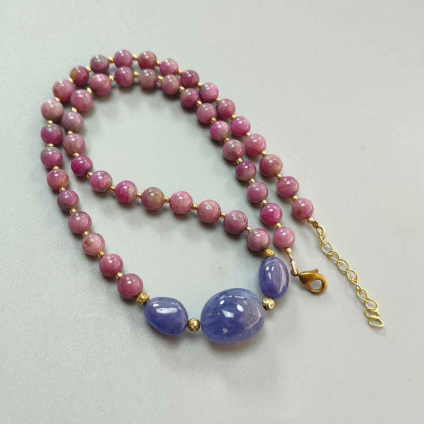 Bi-Color Ruby Necklace Earring Jewelry Set: 261.10cts Natural Untreated Zoisite Ruby, Tanzanite Round Plain Brass Jewelry Set 8mm 19"