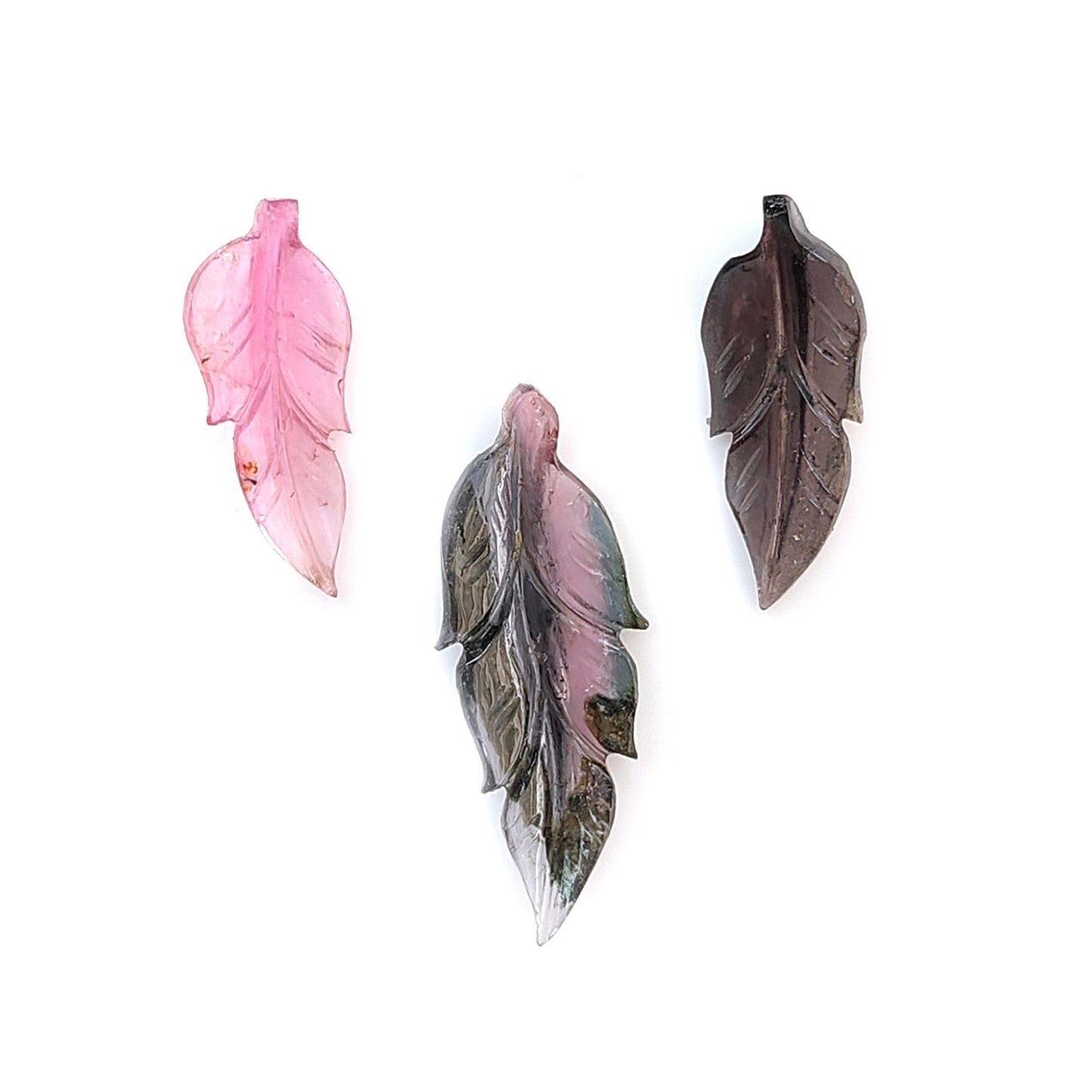 Watermelon Tourmaline Gemstone Carving: Natural Untreated Unheated Bi-Color Tourmaline Hand Carved Leaves 3pcs Set October Birthstone