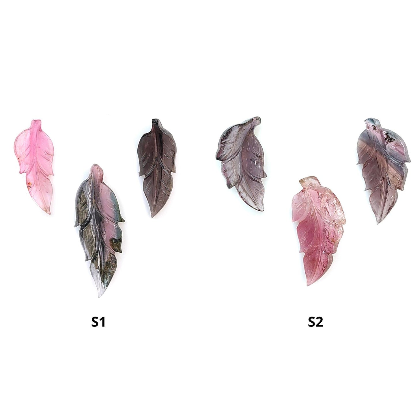 Watermelon Tourmaline Gemstone Carving: Natural Untreated Unheated Bi-Color Tourmaline Hand Carved Leaves 3pcs Set October Birthstone