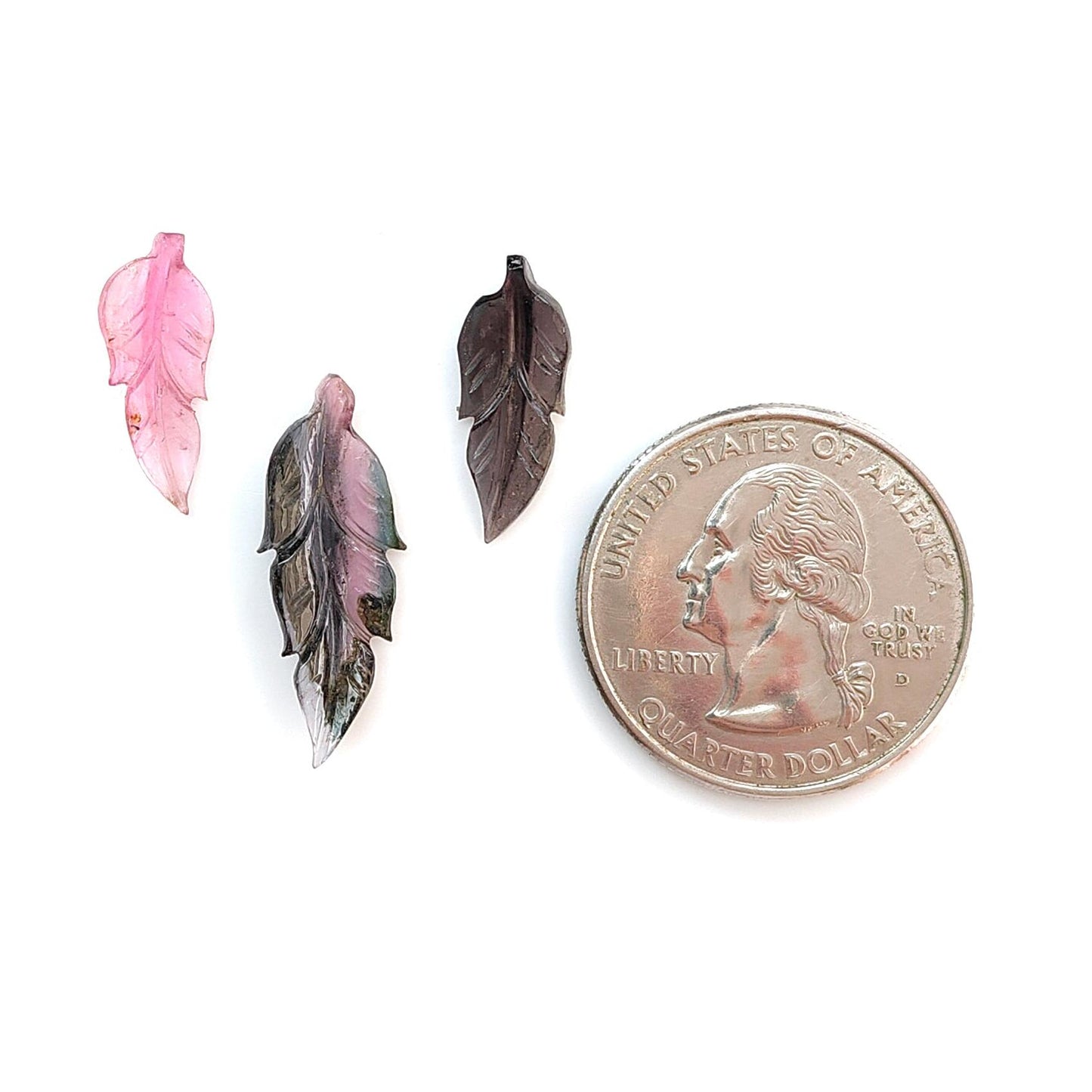 Watermelon Tourmaline Gemstone Carving: Natural Untreated Unheated Bi-Color Tourmaline Hand Carved Leaves 3pcs Set October Birthstone
