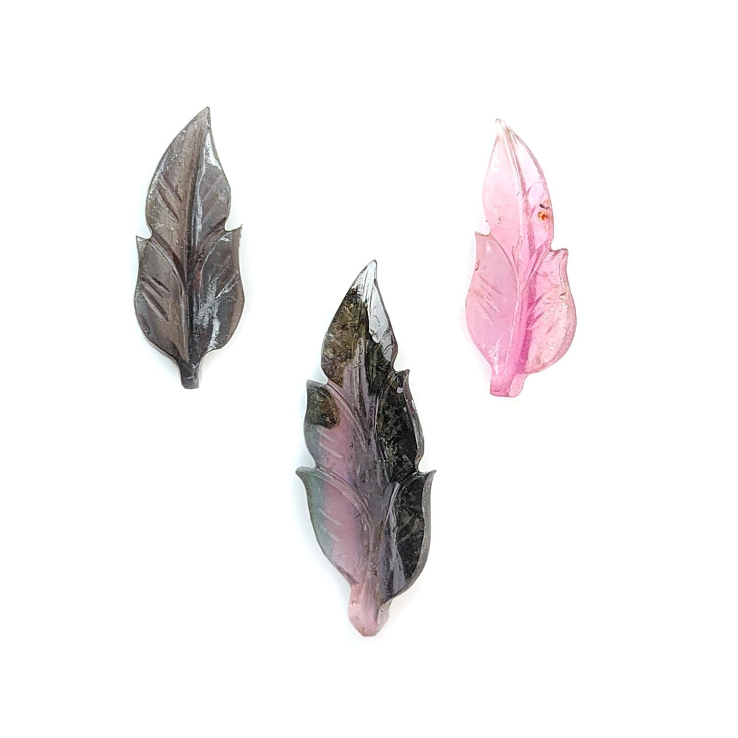 Watermelon Tourmaline Gemstone Carving: Natural Untreated Unheated Bi-Color Tourmaline Hand Carved Leaves 3pcs Set October Birthstone