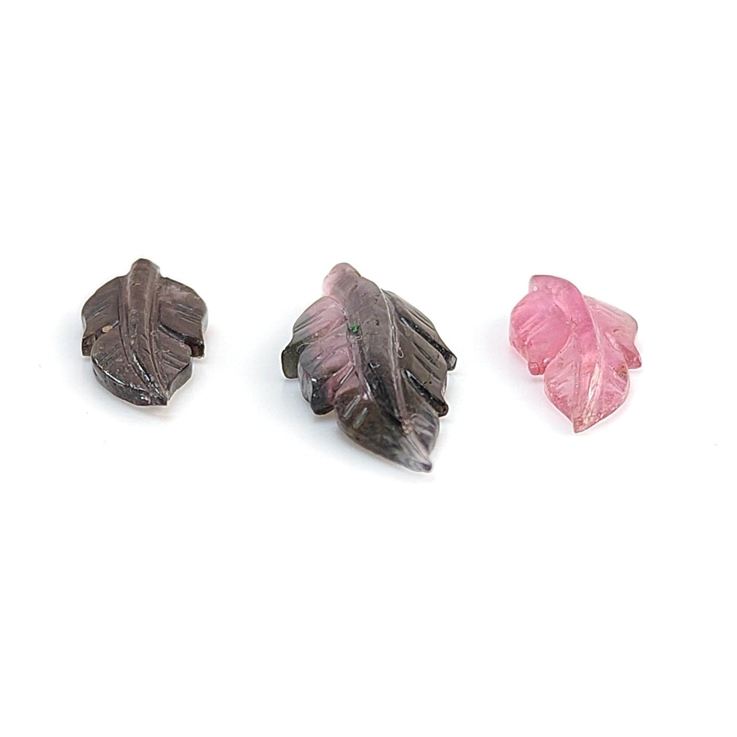 Watermelon Tourmaline Gemstone Carving: Natural Untreated Unheated Bi-Color Tourmaline Hand Carved Leaves 3pcs Set October Birthstone