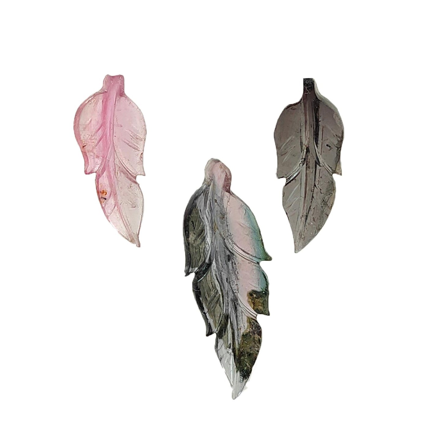 Watermelon Tourmaline Gemstone Carving: Natural Untreated Unheated Bi-Color Tourmaline Hand Carved Leaves 3pcs Set October Birthstone