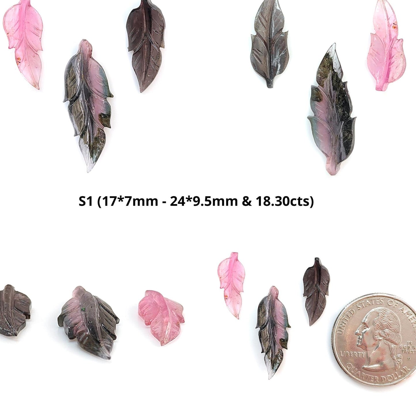 Watermelon Tourmaline Gemstone Carving: Natural Untreated Unheated Bi-Color Tourmaline Hand Carved Leaves 3pcs Set October Birthstone