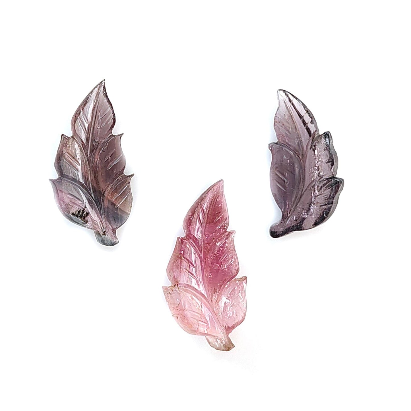 Watermelon Tourmaline Gemstone Carving: Natural Untreated Unheated Bi-Color Tourmaline Hand Carved Leaves 3pcs Set October Birthstone