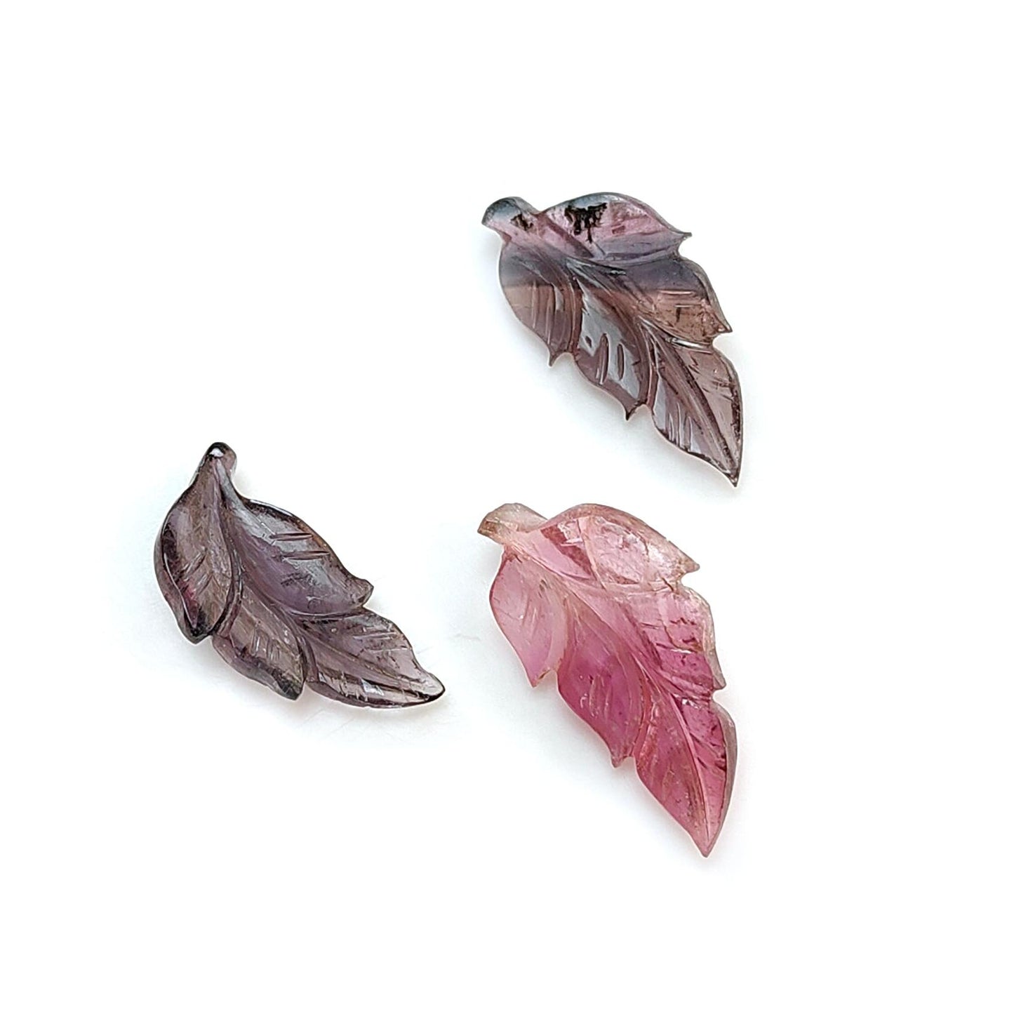 Watermelon Tourmaline Gemstone Carving: Natural Untreated Unheated Bi-Color Tourmaline Hand Carved Leaves 3pcs Set October Birthstone
