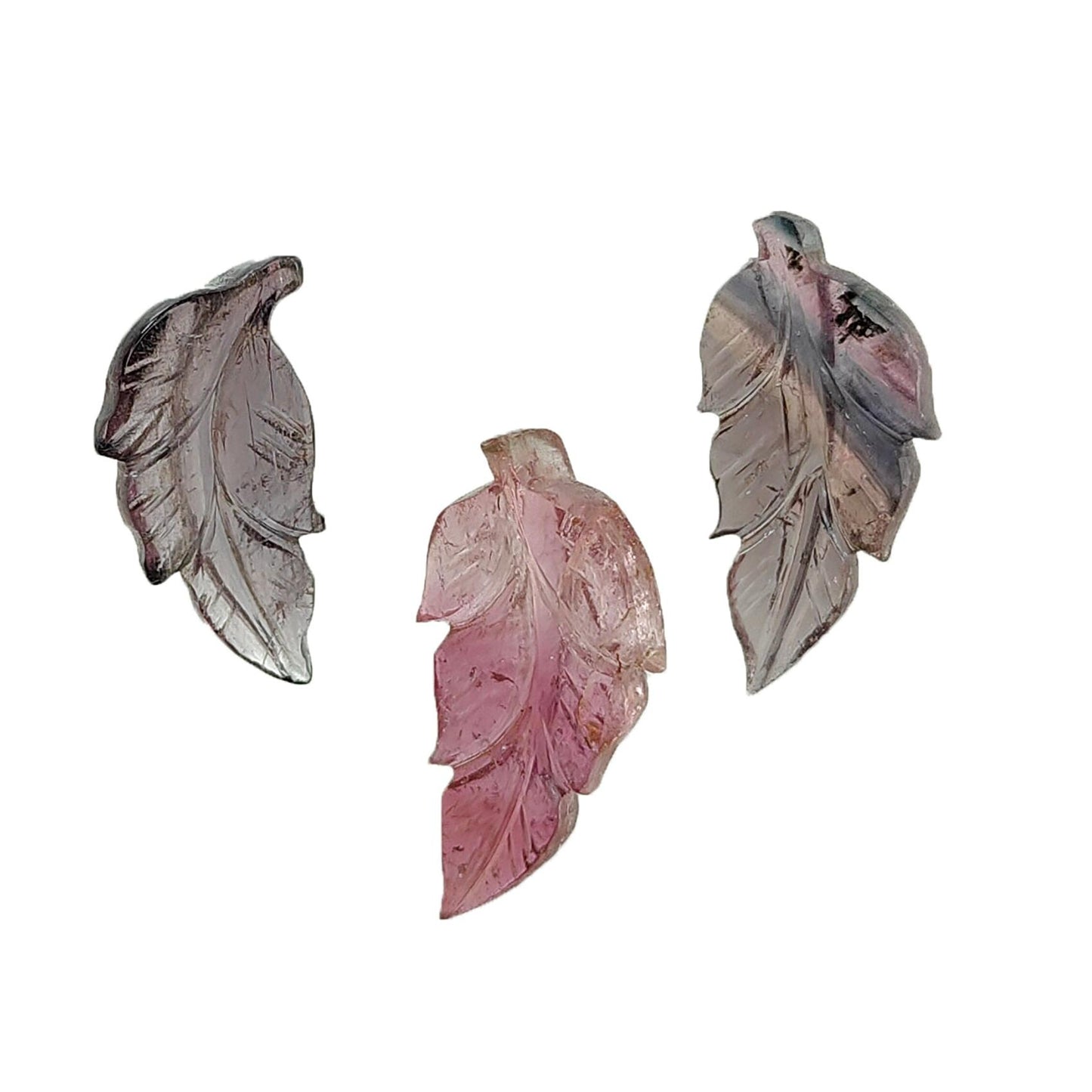 Watermelon Tourmaline Gemstone Carving: Natural Untreated Unheated Bi-Color Tourmaline Hand Carved Leaves 3pcs Set October Birthstone