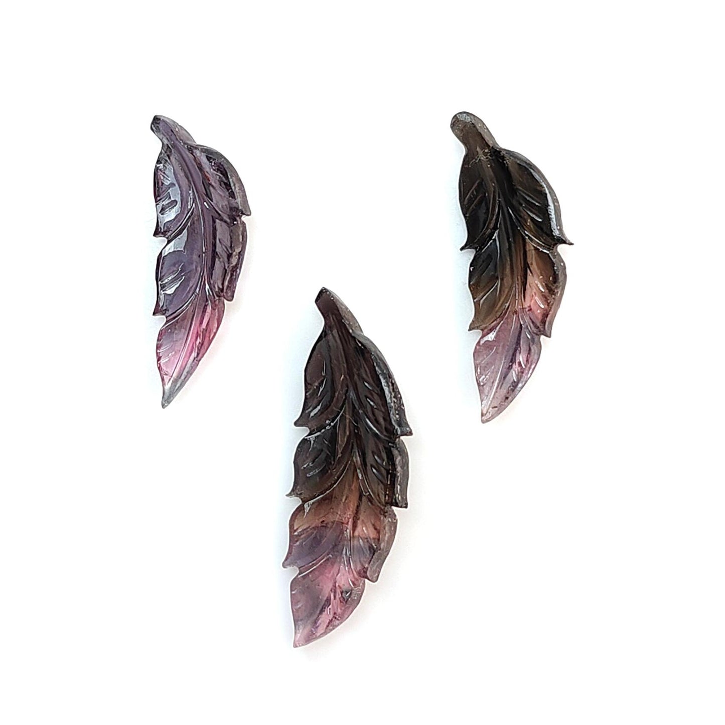 Watermelon Tourmaline Gemstone Carving: Natural Untreated Unheated Bi-Color Tourmaline Hand Carved Leaves 3pcs Set October Birthstone