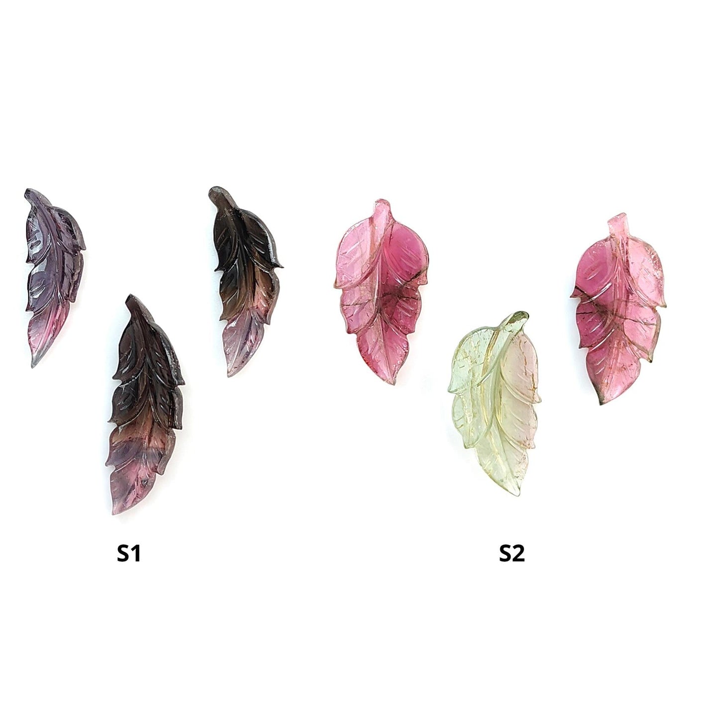 Watermelon Tourmaline Gemstone Carving: Natural Untreated Unheated Bi-Color Tourmaline Hand Carved Leaves 3pcs Set October Birthstone