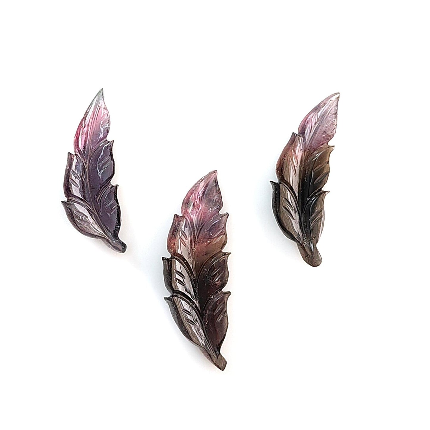 Watermelon Tourmaline Gemstone Carving: Natural Untreated Unheated Bi-Color Tourmaline Hand Carved Leaves 3pcs Set October Birthstone