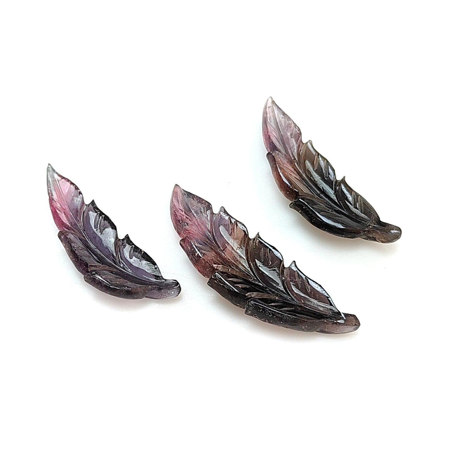 Watermelon Tourmaline Gemstone Carving: Natural Untreated Unheated Bi-Color Tourmaline Hand Carved Leaves 3pcs Set October Birthstone