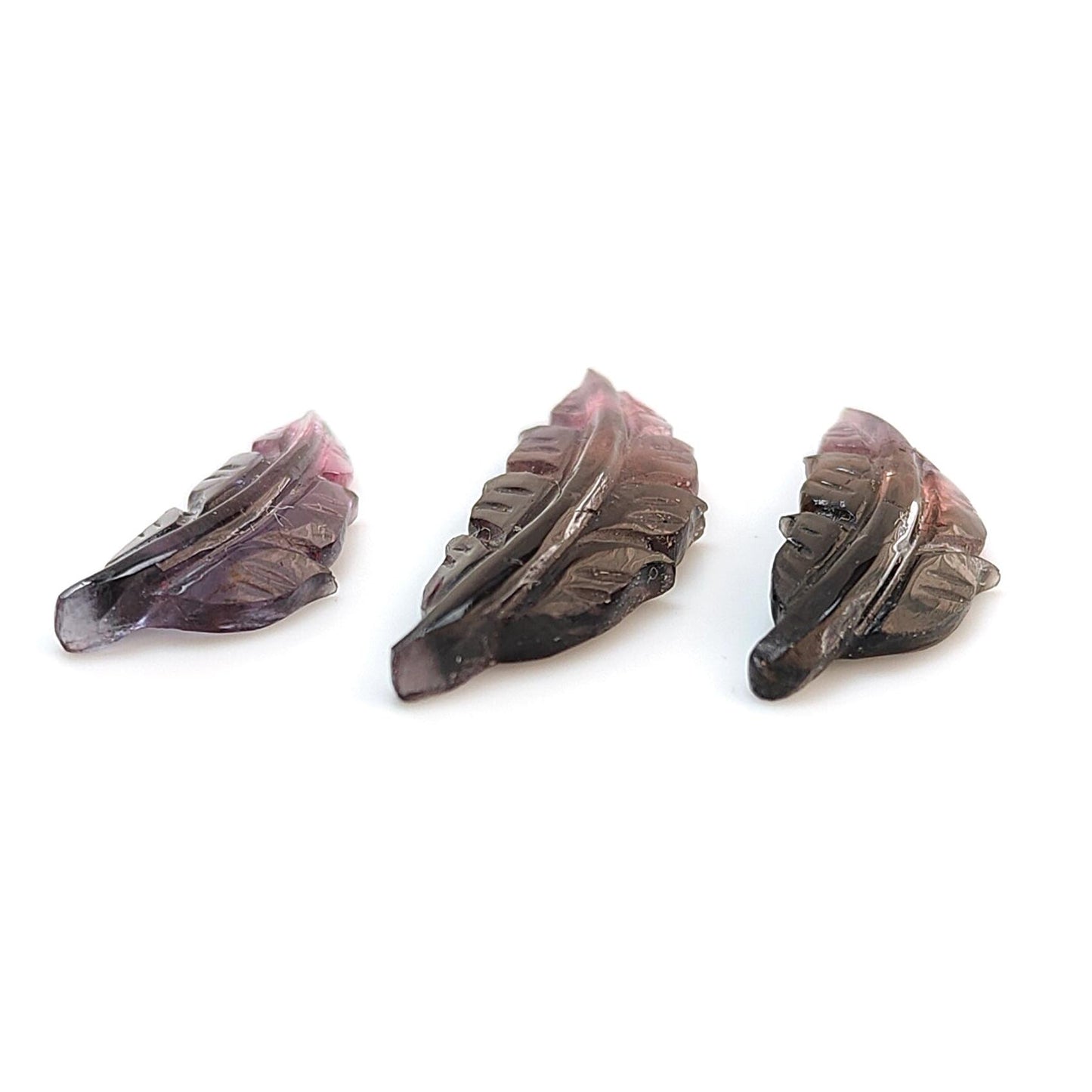 Watermelon Tourmaline Gemstone Carving: Natural Untreated Unheated Bi-Color Tourmaline Hand Carved Leaves 3pcs Set October Birthstone