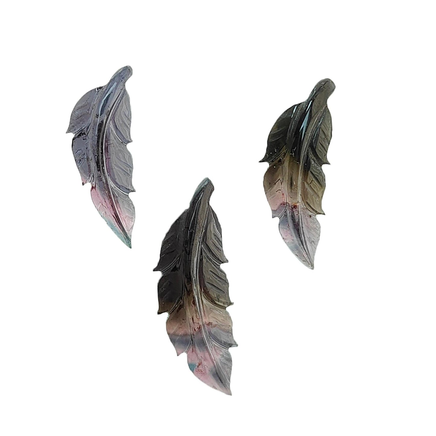 Watermelon Tourmaline Gemstone Carving: Natural Untreated Unheated Bi-Color Tourmaline Hand Carved Leaves 3pcs Set October Birthstone