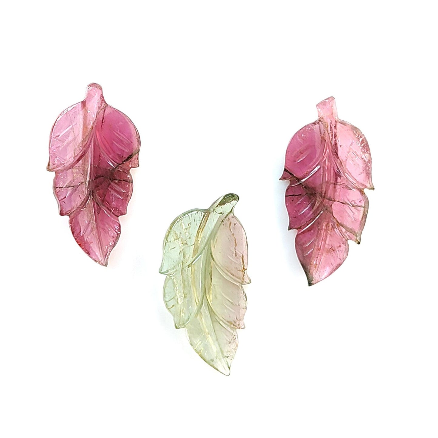 Watermelon Tourmaline Gemstone Carving: Natural Untreated Unheated Bi-Color Tourmaline Hand Carved Leaves 3pcs Set October Birthstone