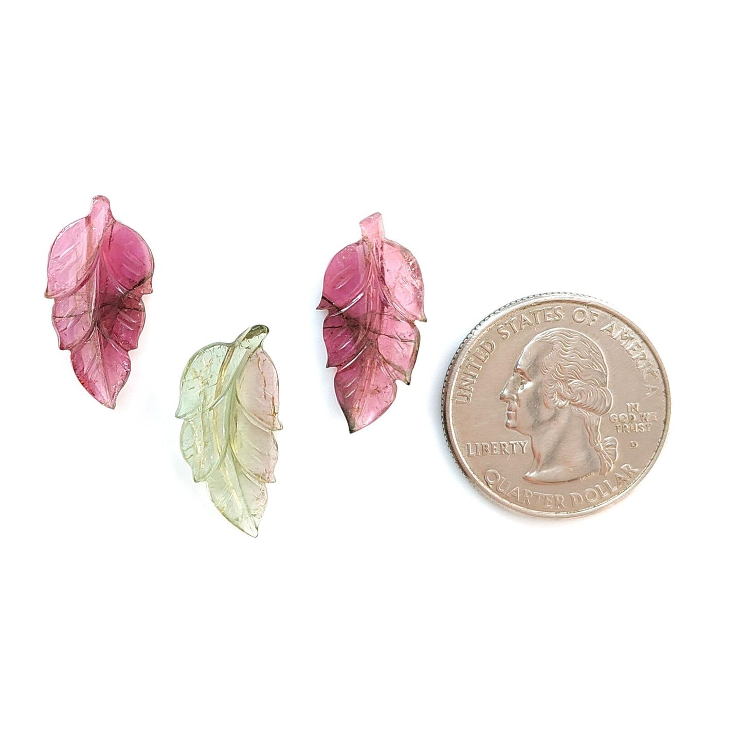 Watermelon Tourmaline Gemstone Carving: Natural Untreated Unheated Bi-Color Tourmaline Hand Carved Leaves 3pcs Set October Birthstone