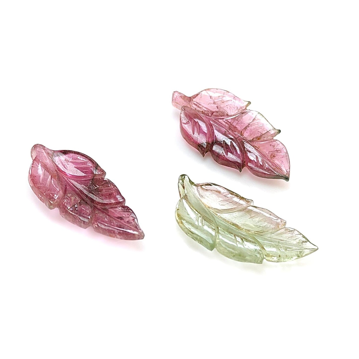 Watermelon Tourmaline Gemstone Carving: Natural Untreated Unheated Bi-Color Tourmaline Hand Carved Leaves 3pcs Set October Birthstone