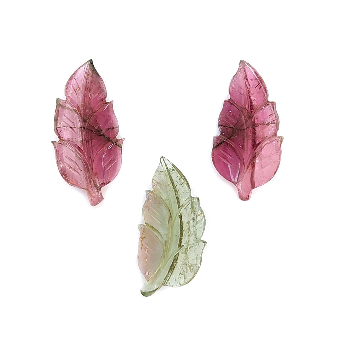 Watermelon Tourmaline Gemstone Carving: Natural Untreated Unheated Bi-Color Tourmaline Hand Carved Leaves 3pcs Set October Birthstone