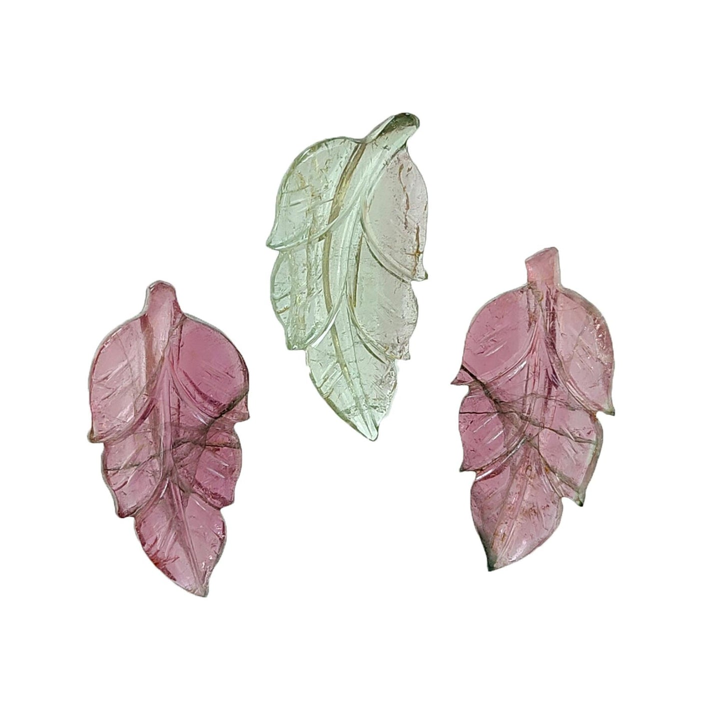 Watermelon Tourmaline Gemstone Carving: Natural Untreated Unheated Bi-Color Tourmaline Hand Carved Leaves 3pcs Set October Birthstone