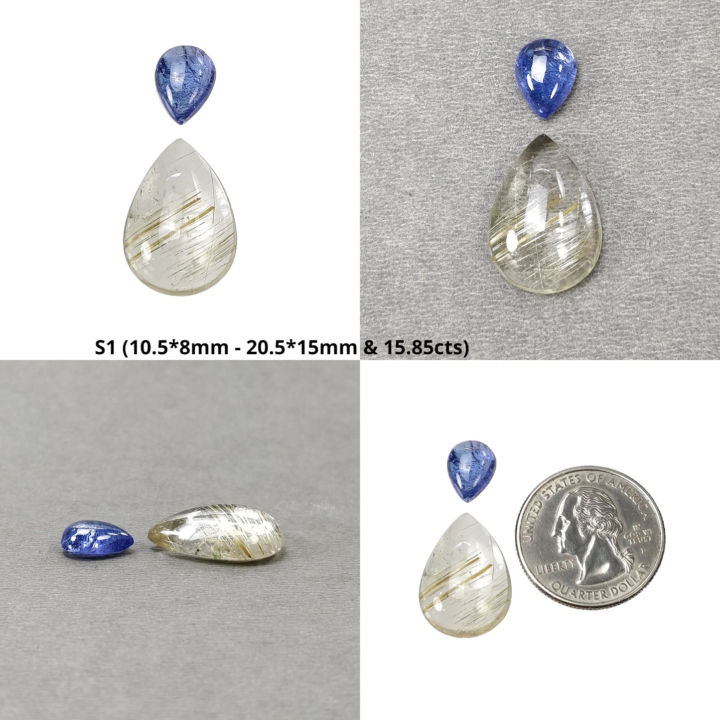 Golden RUTILE Quartz TANZANITE And CHRYSOPRASE Gemstone Cabochon : Natural Untreated Unheated Rutile Oval Pear Shape 2pcs Set