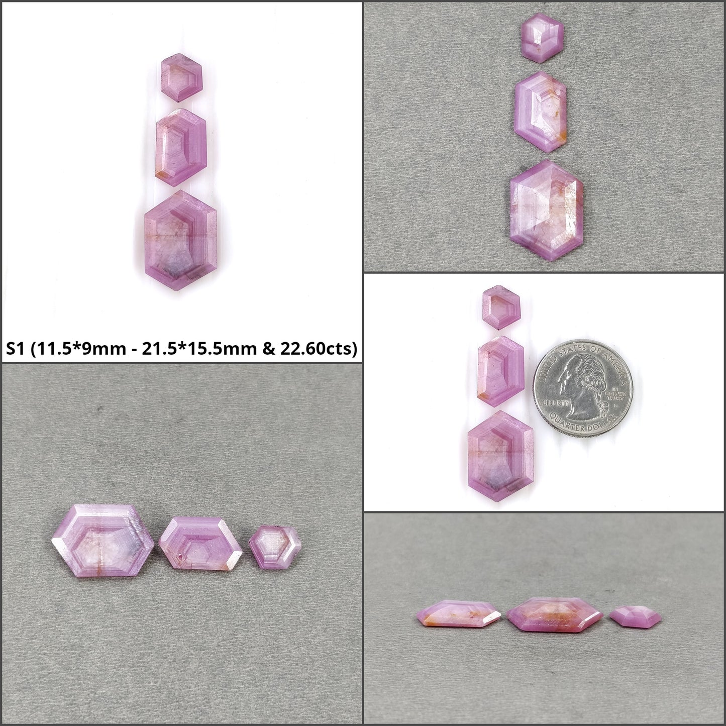 Sapphire Gemstone Normal Cut : Natural Untreated Unheated Raspberry Pink Sheen Sapphire Hexagon Shape 3pcs & 5pcs Sets