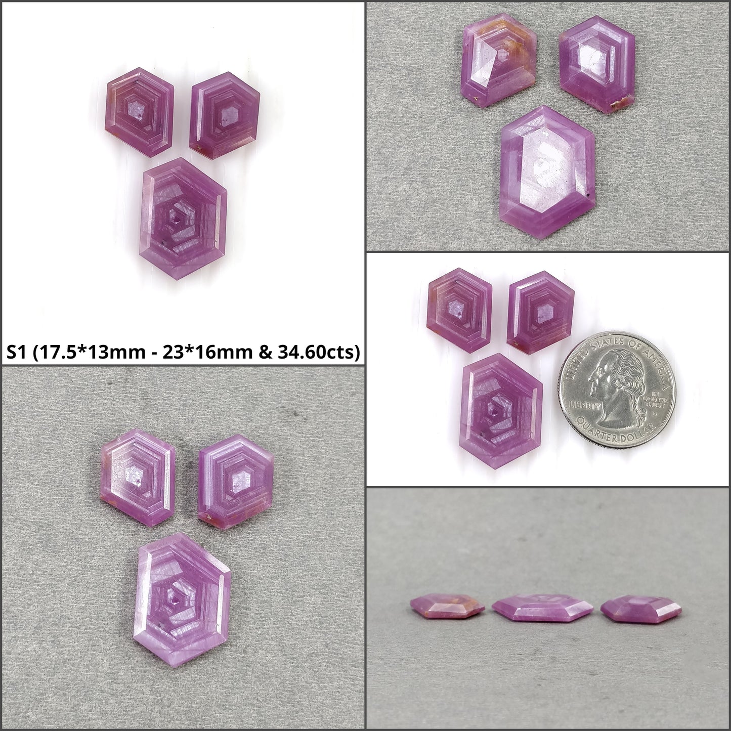 Sapphire Gemstone Flat Slices : Natural Untreated Rosemary Pink Sapphire Hexagon Shape 3pcs & 4pcs Sets