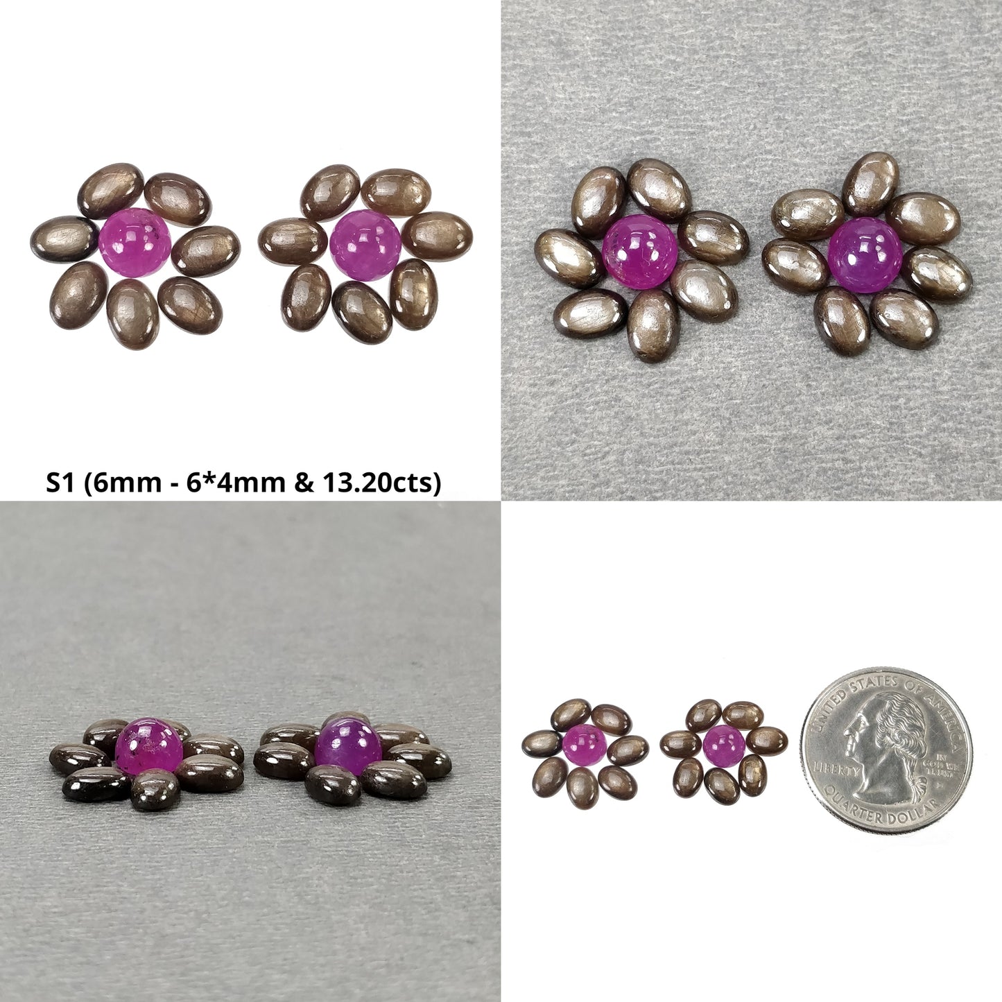 Sapphire Gemstone Cabochon : Natural Untreated Chocolate Silver & Pink Sapphire Oval And Round Shape Sets