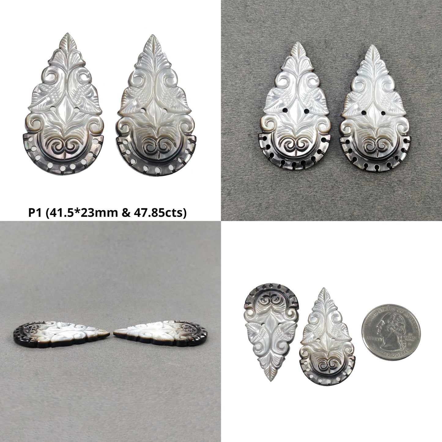 MOTHER OF PEARL Gemstone Carving : Natural Untreated Black Mop Hand Carved Pear Shape Pairs