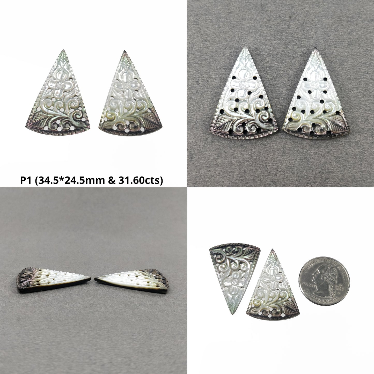 MOTHER OF PEARL Gemstone Carving : Natural Untreated Black Mop Hand Carved Triangle Shape Pairs