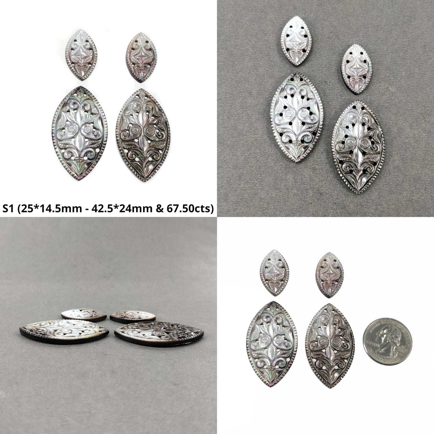 MOTHER OF PEARL Gemstone Carving : Natural Untreated Black Mop Hand Carved Oval Marquise Shape Pairs Sets