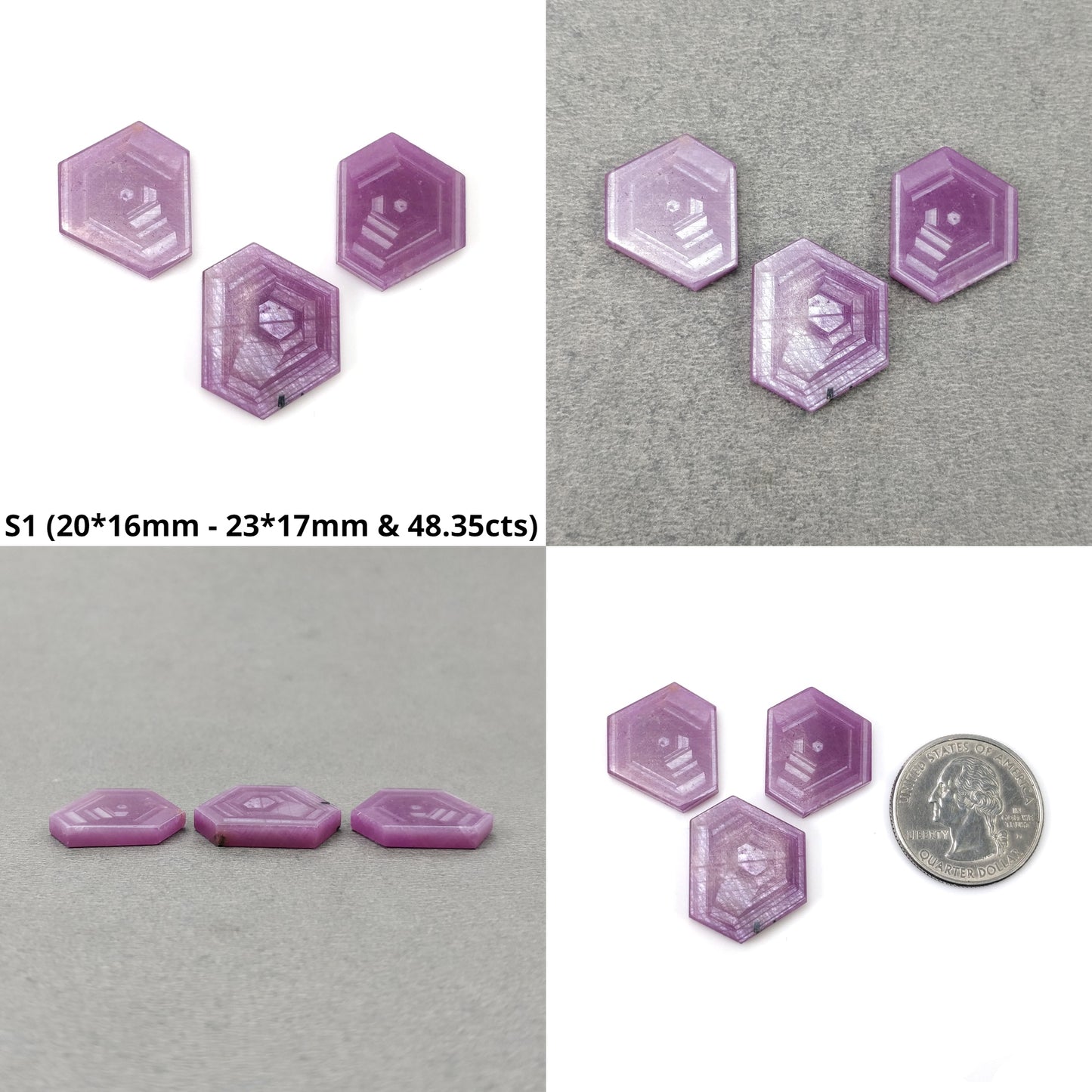 Sapphire Gemstone Flat Slices : Natural Untreated Rosemary Pink Sapphire Hexagon Shape 3pcs Sets