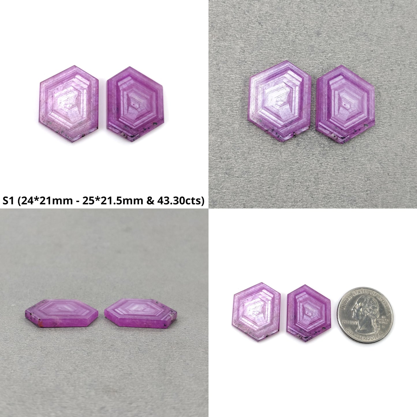 Sapphire Gemstone Flat Slices : Natural Untreated Rosemary Pink Sapphire Hexagon Shape Sets