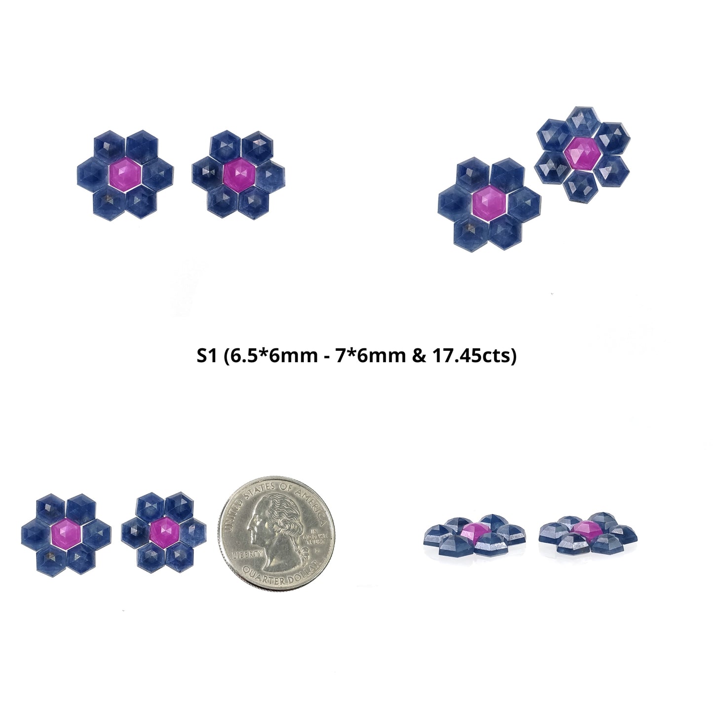 Sapphire Gemstone Step Cut : Natural Untreated Blue & Raspberry Pink Sapphire Hexagon Shape 14pcs Sets