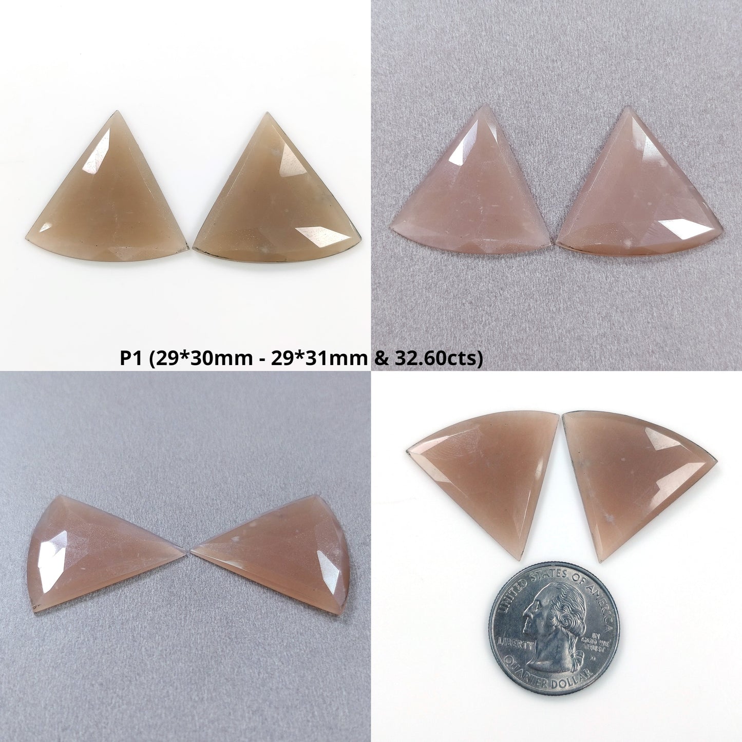 PEACH And BROWN MOONSTONE Gemstone Rose Cut : Natural Untreated Unheated Moonstone Uneven Triangle Shape Pair