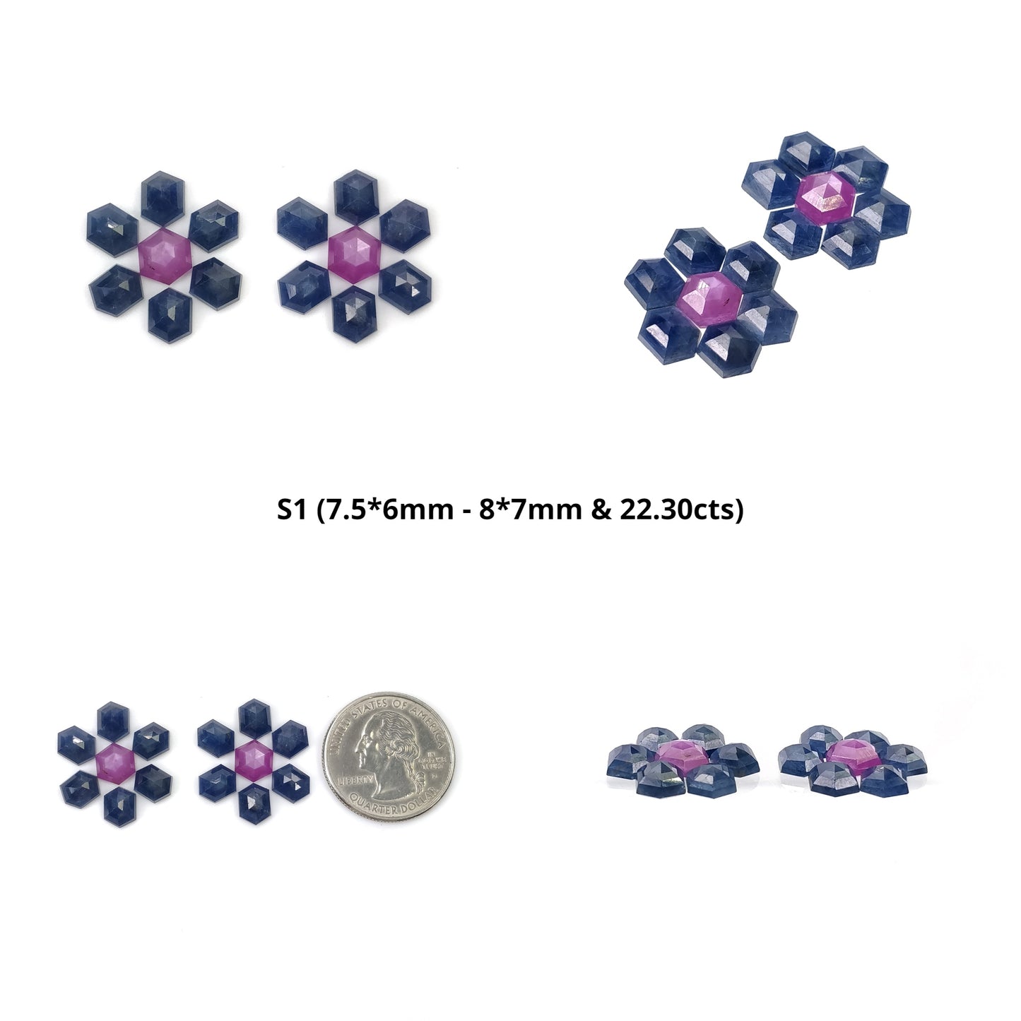 Sapphire Gemstone Step Cut : Natural Untreated Blue & Raspberry Pink Sapphire Hexagon Shape 14pcs Sets