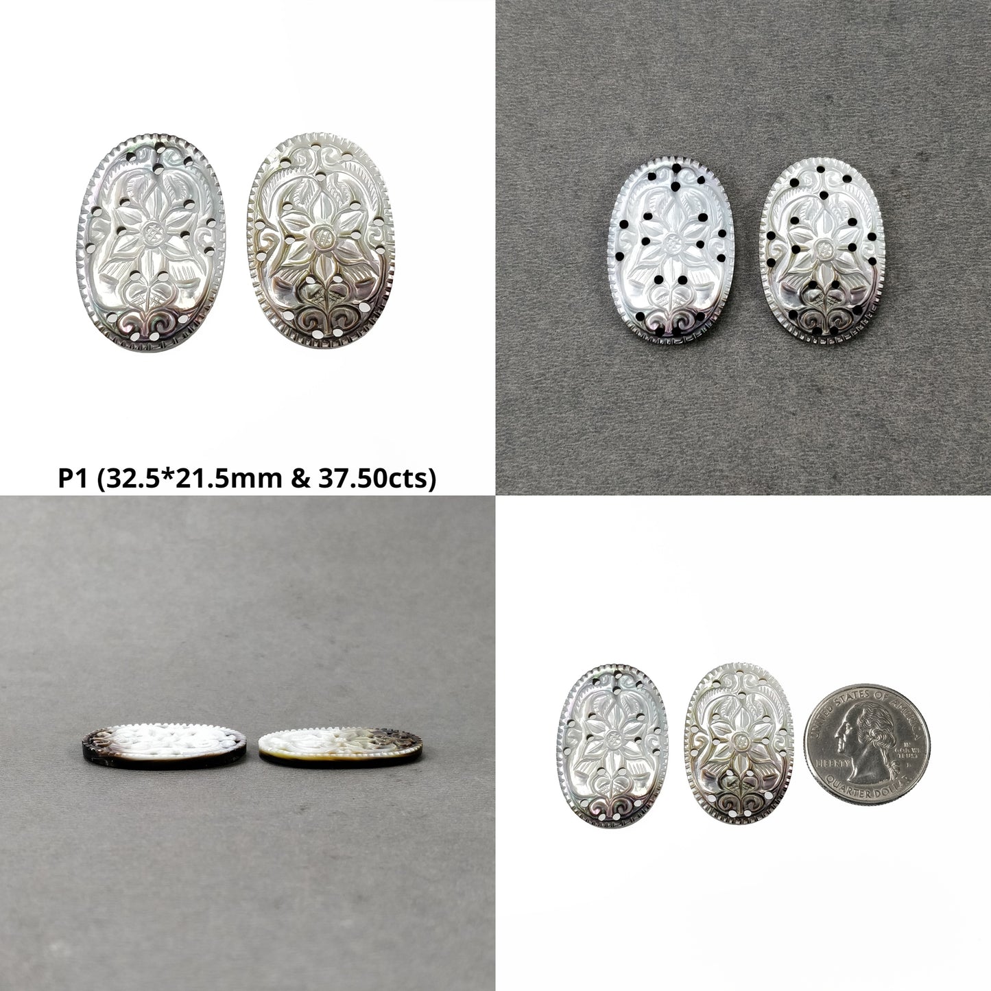 MOTHER OF PEARL Gemstone Carving : Natural Untreated Black Mop Hand Carved Oval Marquise Round Shape Pairs Sets